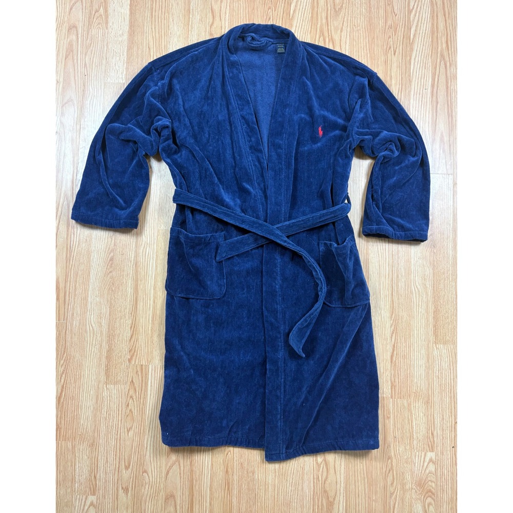 Polo Ralph Lauren Mens Navy Blue Velour Robe Red Pony Logo Sleepwear Loungewear